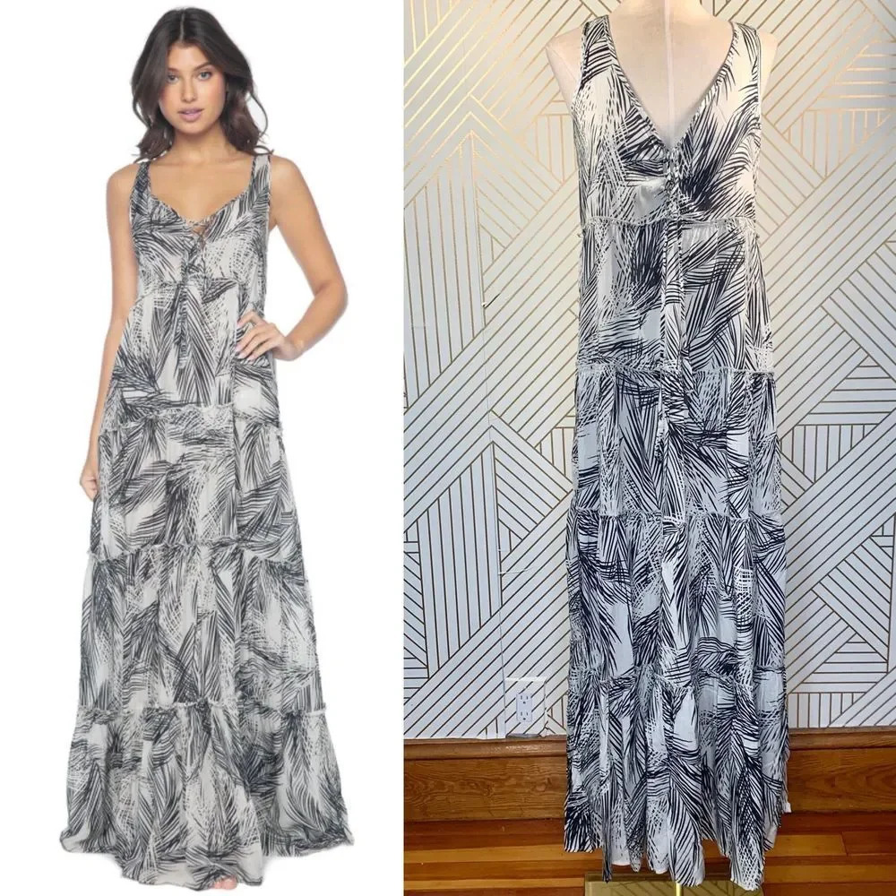 PilyQ Nassau Gulsina Long Dress in White and Black Palm Troical Size‎ XS/S